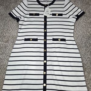 Free Assembly Women XXL Striped Ribbed Knit Dress Gold Button Short Sleeve White